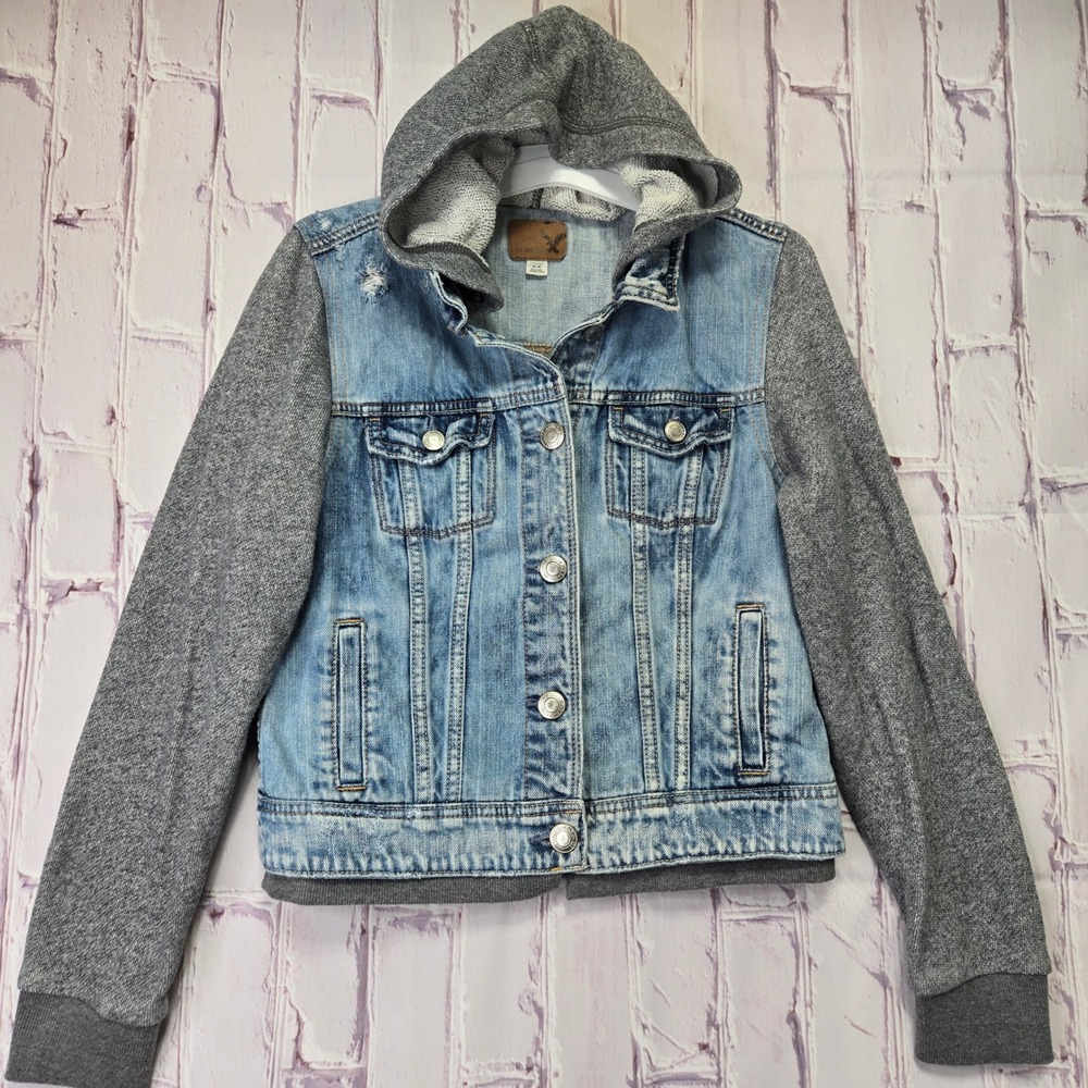 American Eagle Denim Jacket Blue Grey Knit Sleeve Hooded Distressed Womens M